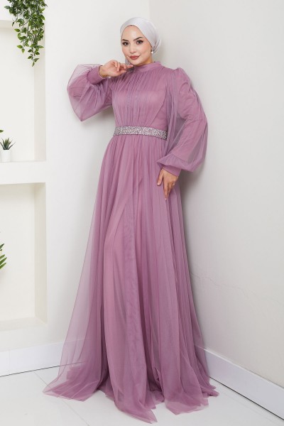 Taş Detaylı Büyük Beden Tesettür Abiye Alya - Lavanta